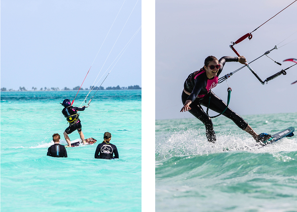 2 photos together in the same Belize Kitesurf spot, on the left, a Kitesurf lesson and a student riding the board and, on the right, a women kitesurfing riding toeside