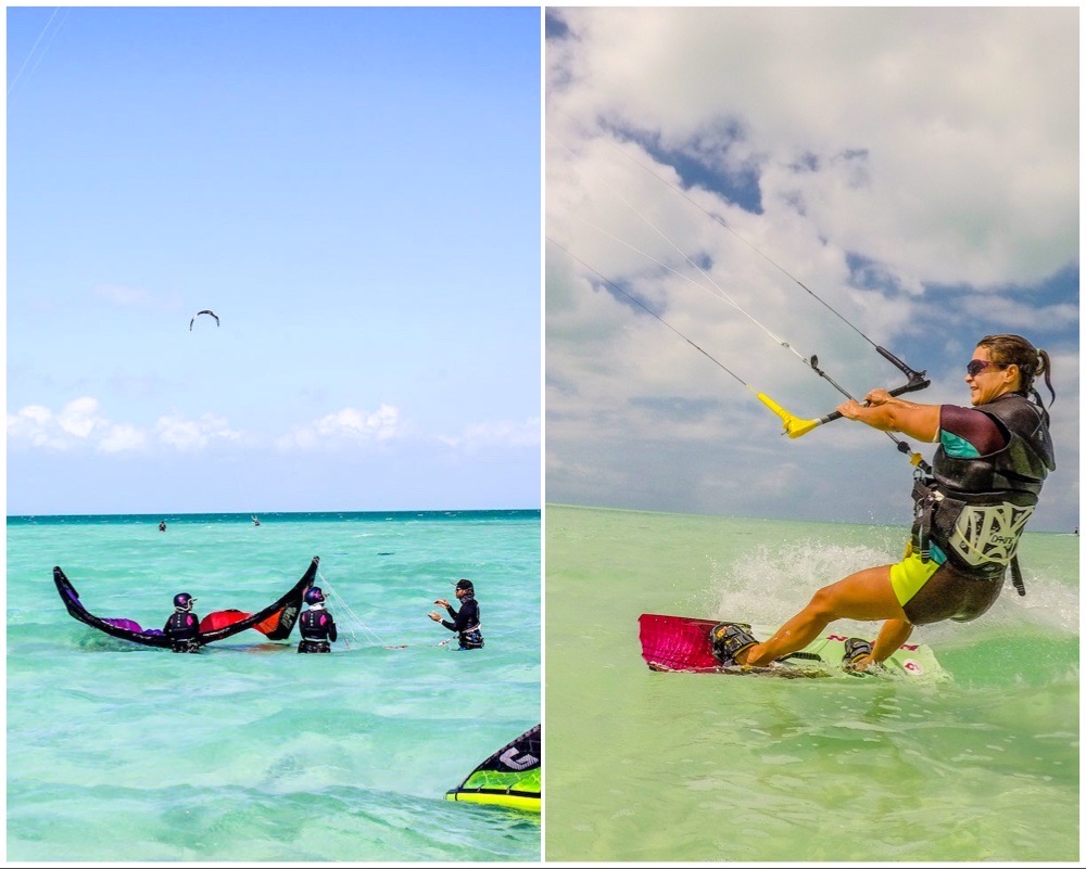 2 photos together: on the left, a group of Kiters practising selfrescue and, on the right, a woman kiting an smiling in Belize Kitesurf beach