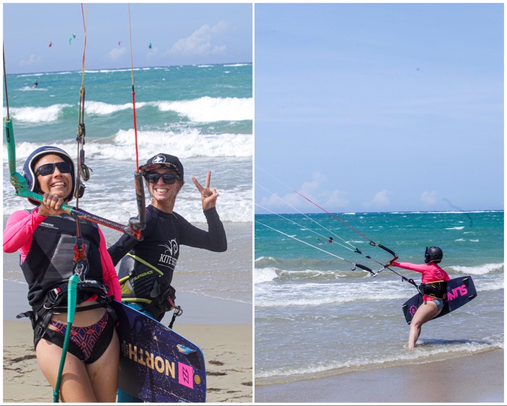 2 photos together in Kitesurf Cabarete Beach: on the left, a Kite girl and her Instructor walking upwind in the beach and smiling and, on the right, a kite girl walking out and ready to kite