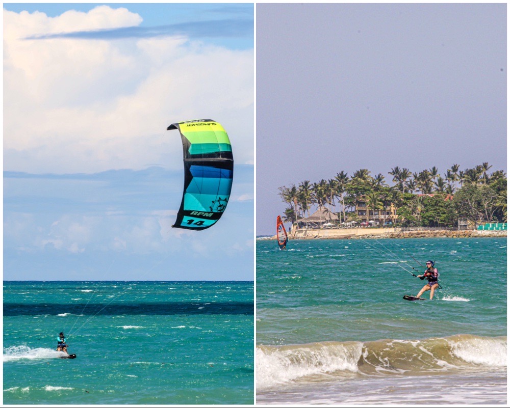 2 photos together: on the left, a Kite girl riding to the left of Cabarete Kitesurf beach and, on the right, a kite girl water starting to the right