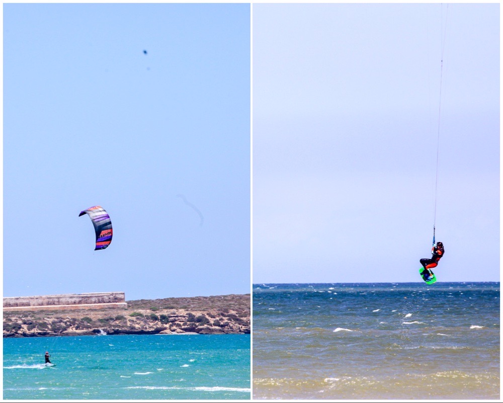 2 photos together: on the left, a kite sister riding far in the ocean and, on the right, another Kite Sister jumping high close to shore in Essaouira Morocco Kitesurf beach