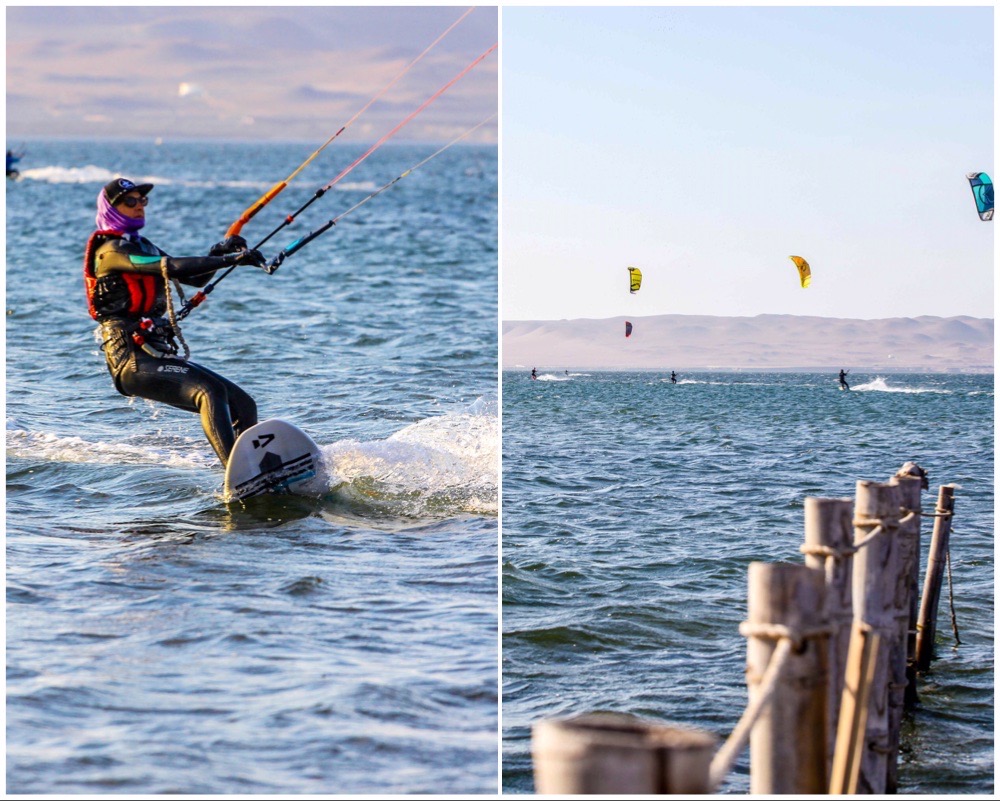 2 photos together: on the left, a Kite Sisters riding a surfboard and, on the right, a full picture of what Kitesurf in Paracas is with kites riding along the bay and flat water