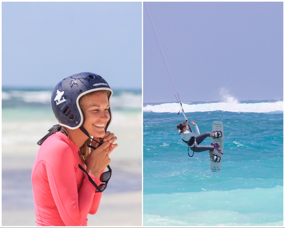 2 photos together: one the left, a kite girl putting a helmet on and, on the right, a kite girl doing a backroll; during the Kite Sisters Kitesurf Tulum Mexico Camp