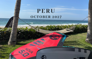 Hammock between two palm trees on a beach with a windsurf board in the foreground and the ocean in the background; text overlay reads 'PERU' and 'OCTOBER 2027'.