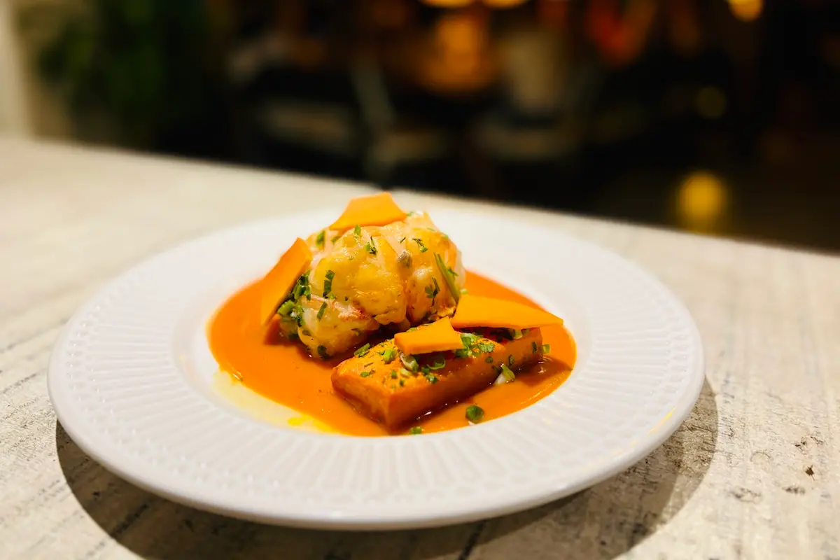 Gourmet lobster with pumpkin sauce fine dining dish at Kite Sisters Brazil kiteboarding retreat.