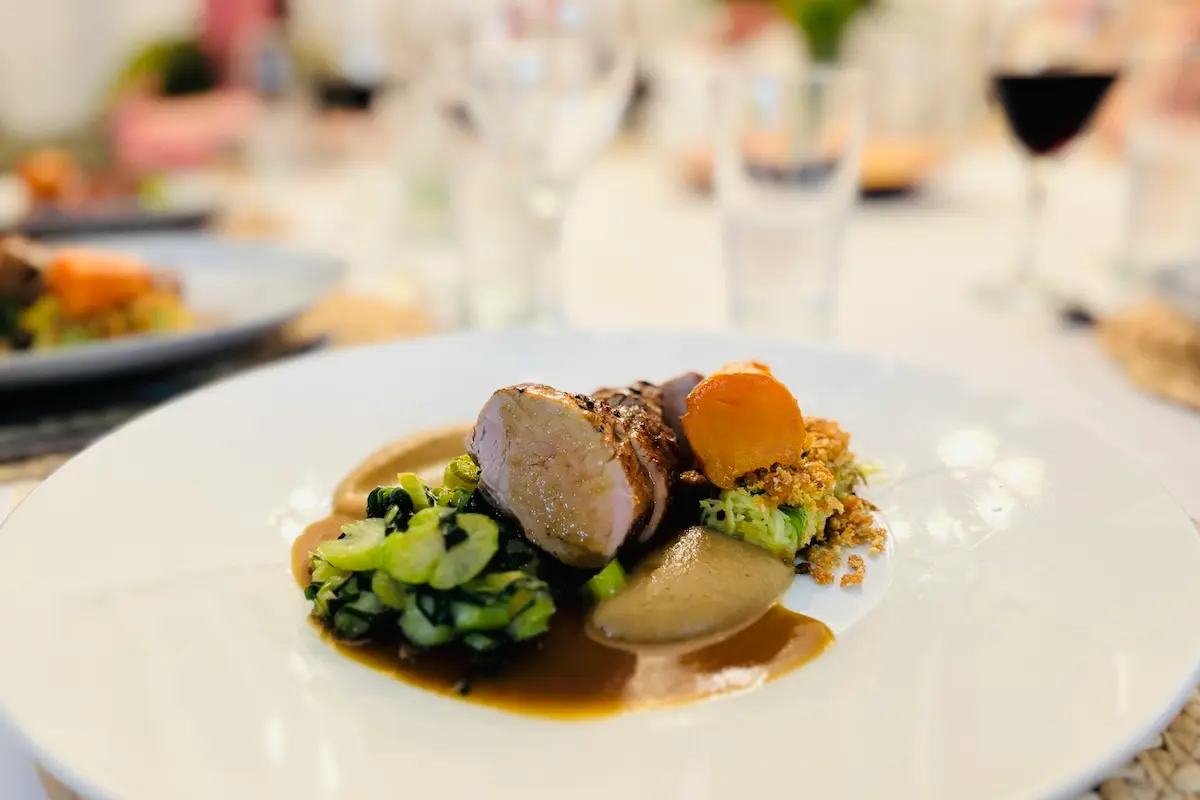 Elegant gourmet main course with meat and vegetables at Kite Sisters kitesurf retreat Belize fine dining.