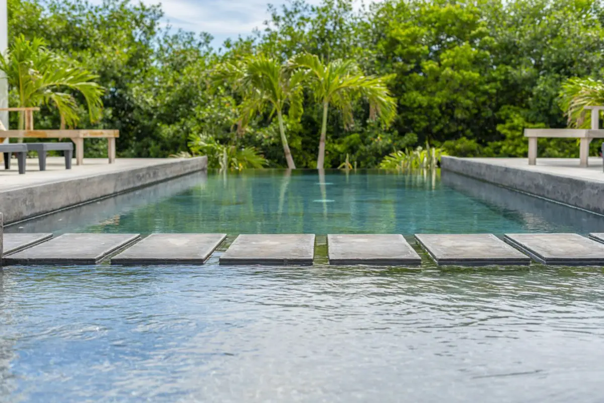Luxury infinity pool with stepping stones and palm trees at Kite Sisters Belize kitesurf retreat.