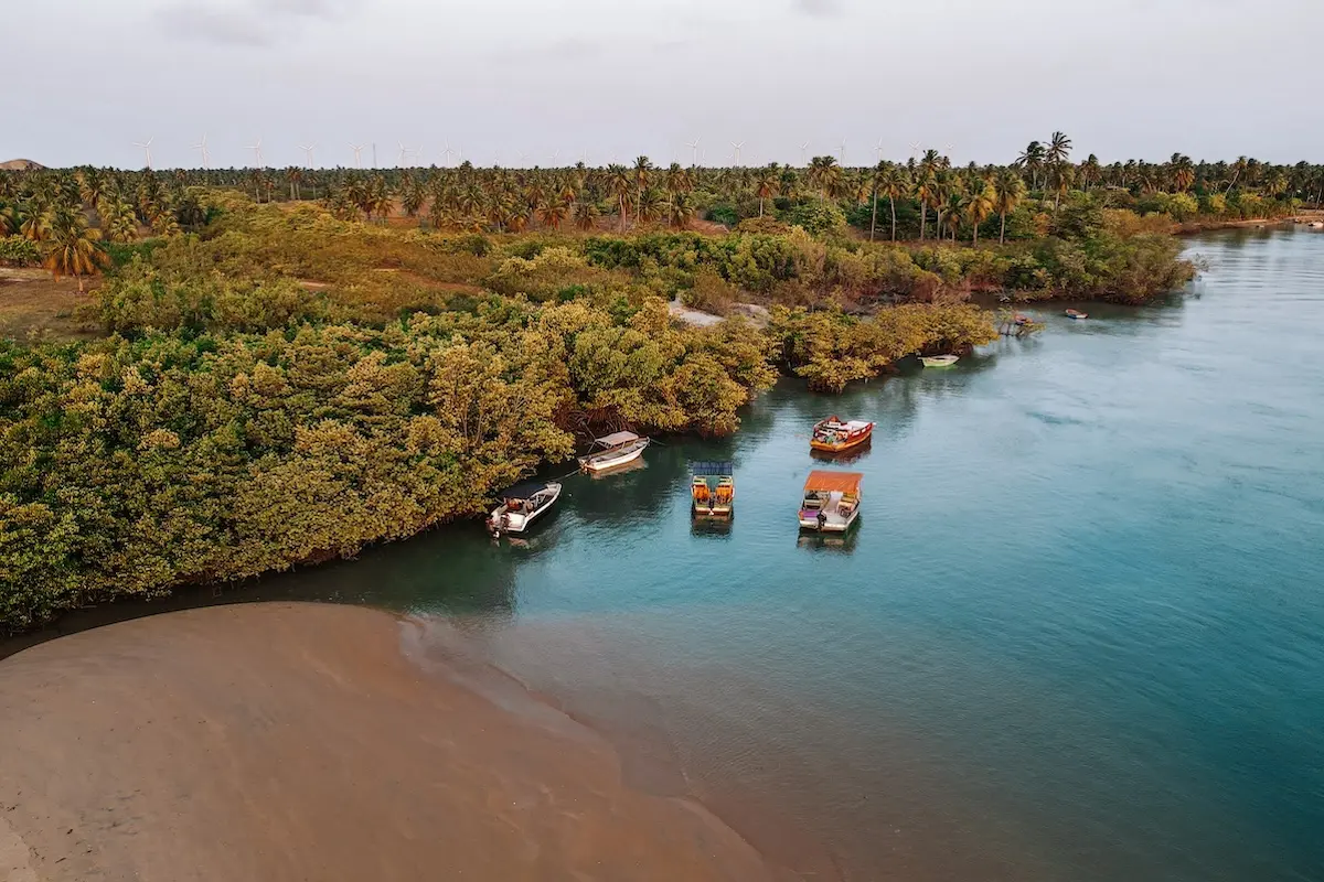 Aerial view of boats on a tropical river lagoon surrounded by mangroves and palm trees at Kite Sisters Brazil kitesurf retreat.
