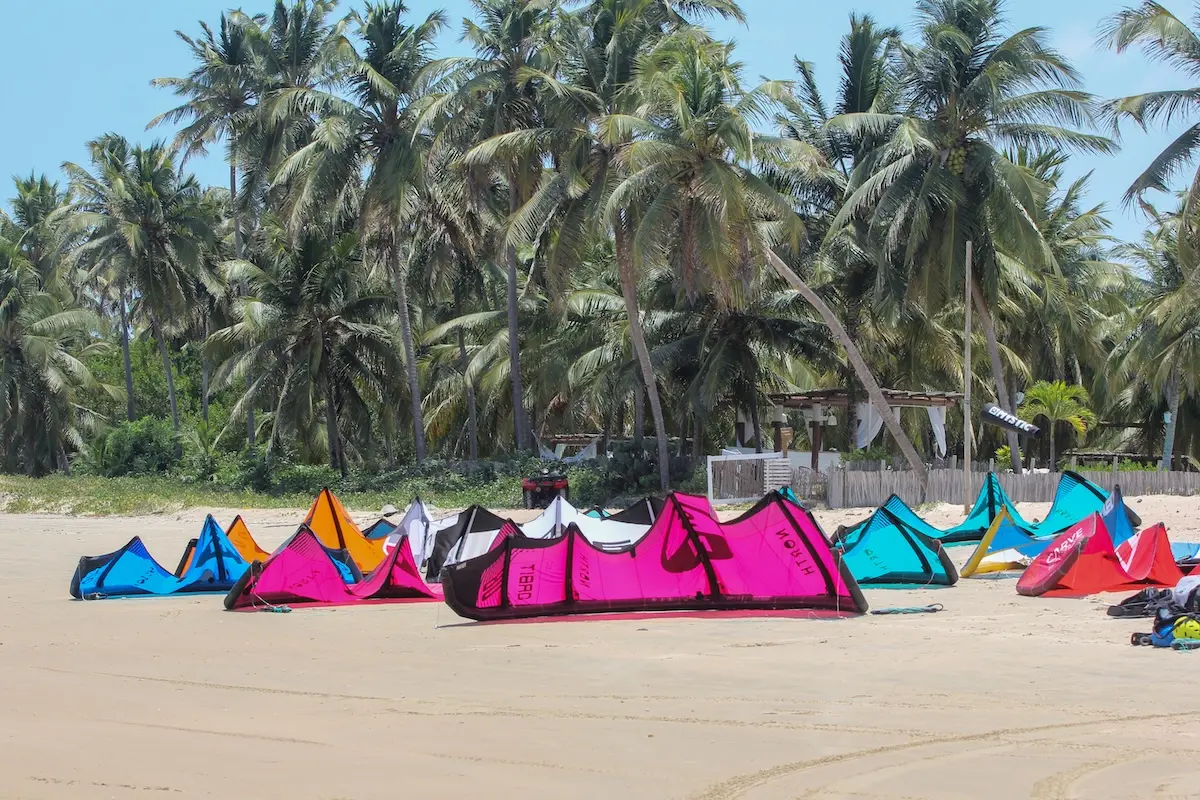 Colorful kiteboarding kites laid out on a sandy beach with palm trees at Kite Sisters Brazil kiteboarding retreat.